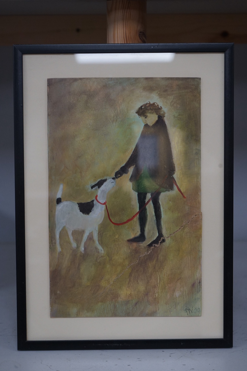 Tessa Newcomb (b.1955), oil and mixed media on board, Study of a woman and dog, initialled and dated '09, 24 x 15cm. Condition - crack running across lower half of the panel